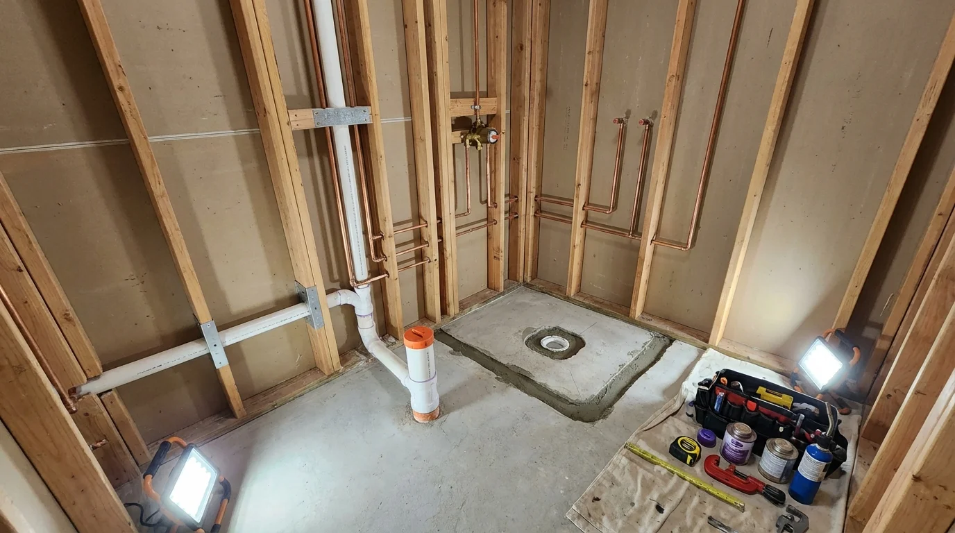 Bathroom rough-in plumbing during remodel by Johns Plumbing LLC in Benicia
