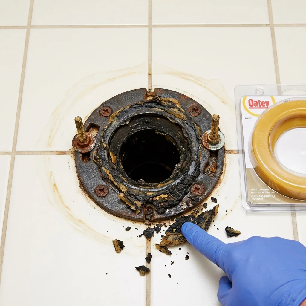 Failed wax ring showing water seepage at the base of a toilet in a Benicia, CA home